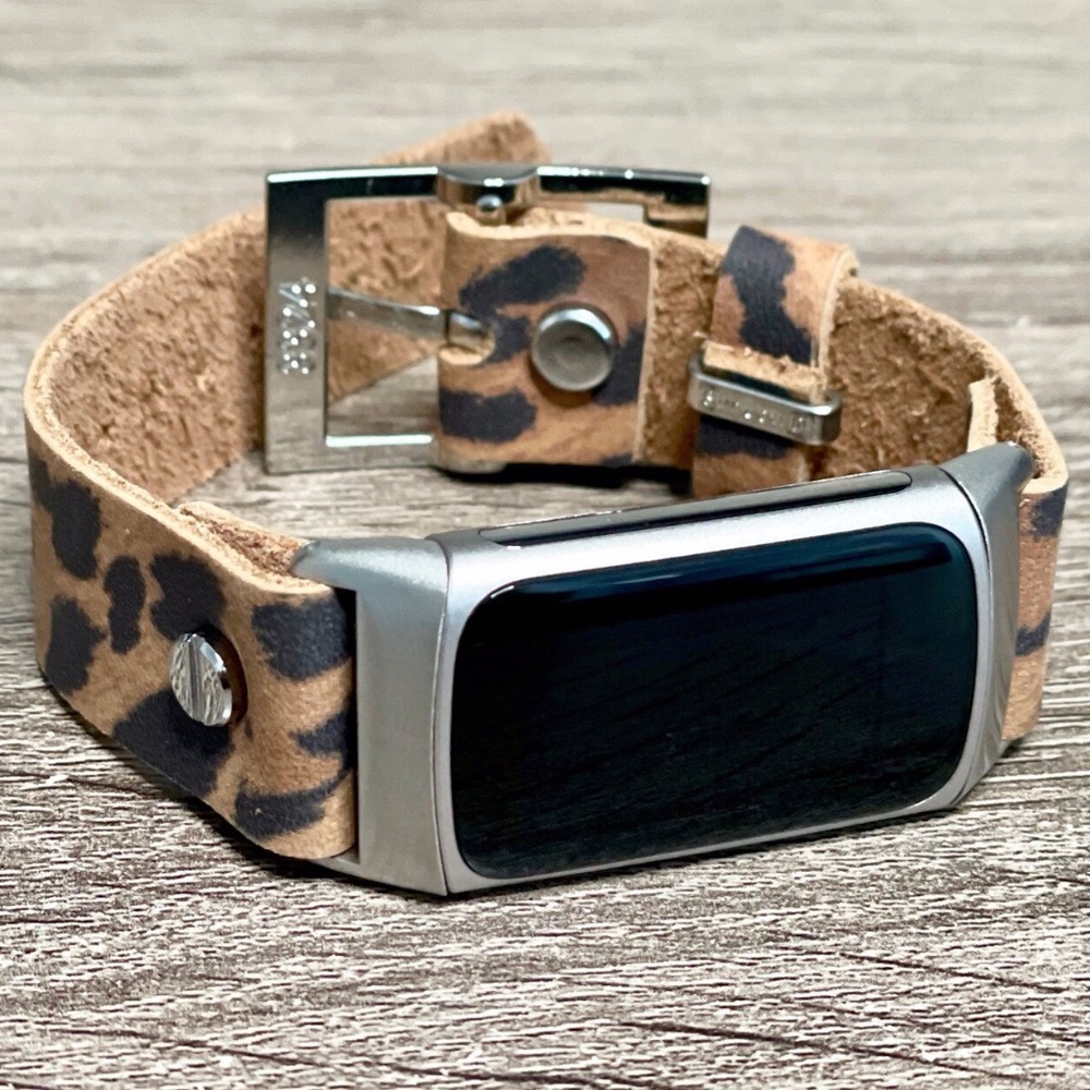 Leopard Print Leather Strap Fitbit Charge 5 Band Silver Jewelry Women Bracelet